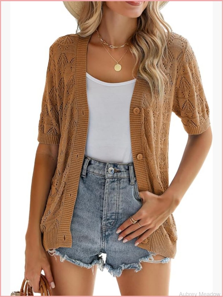 Crochet Cropped Cardigan, Short Sleeve V Neck Button Up Bolero Shrug Sweater
